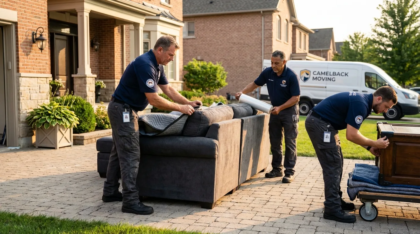 Large estate moving crew wrapping furniture in Houghton, MI