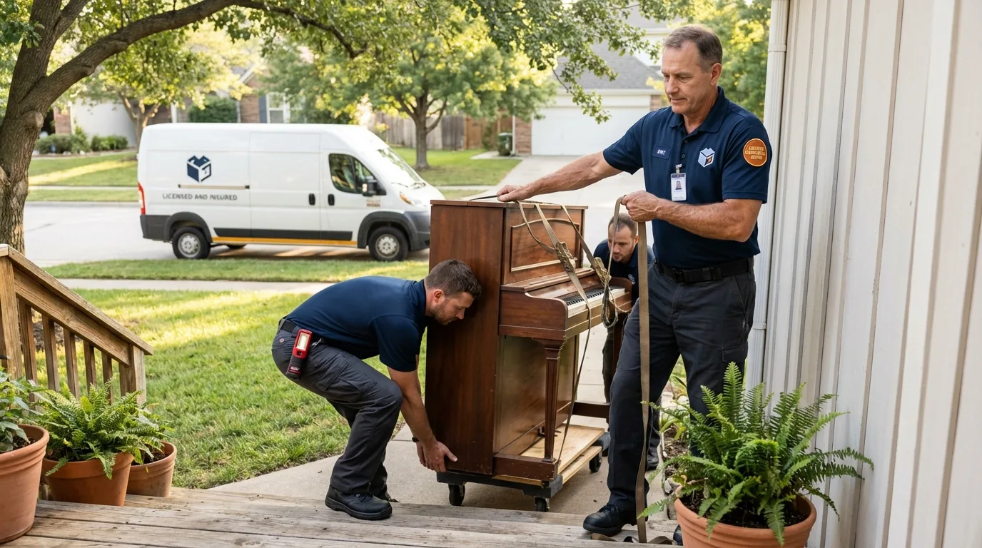 Licensed piano movers securing grand piano in Houghton, MI