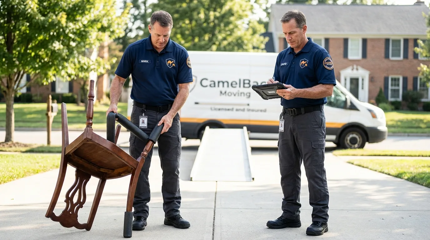 Movers inspecting furniture for damage prevention before loading in Houghton, MI