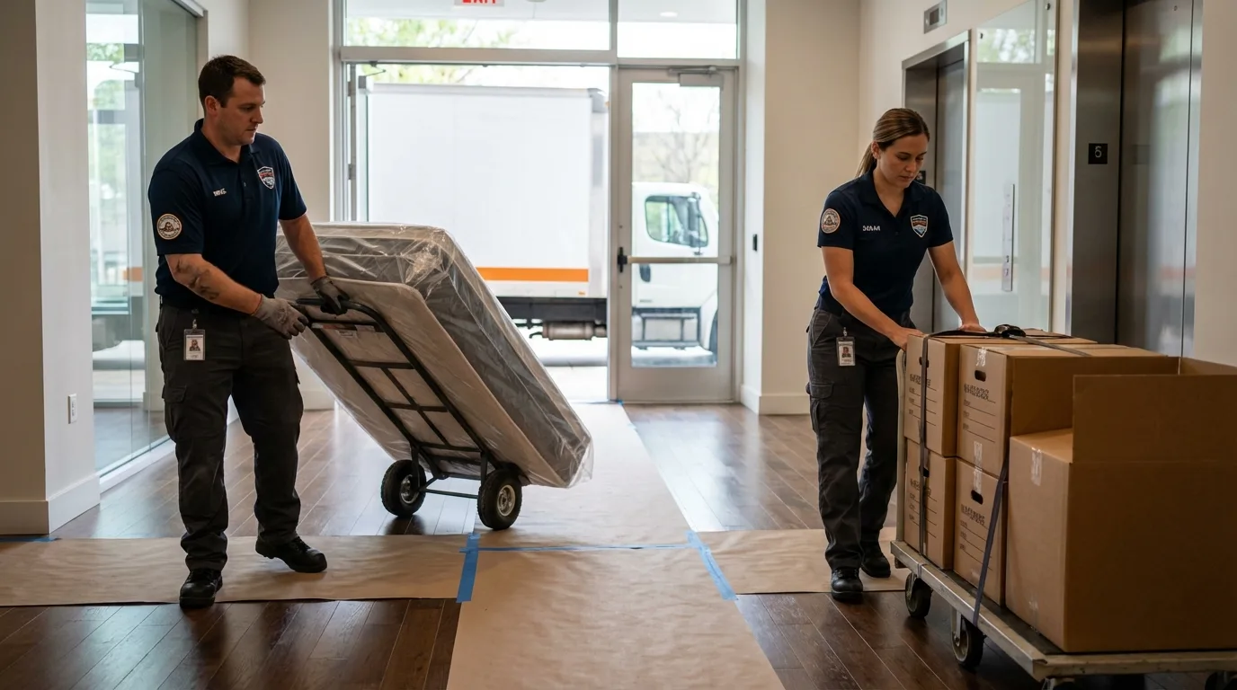 Professional apartment movers loading elevator in Houghton, MI