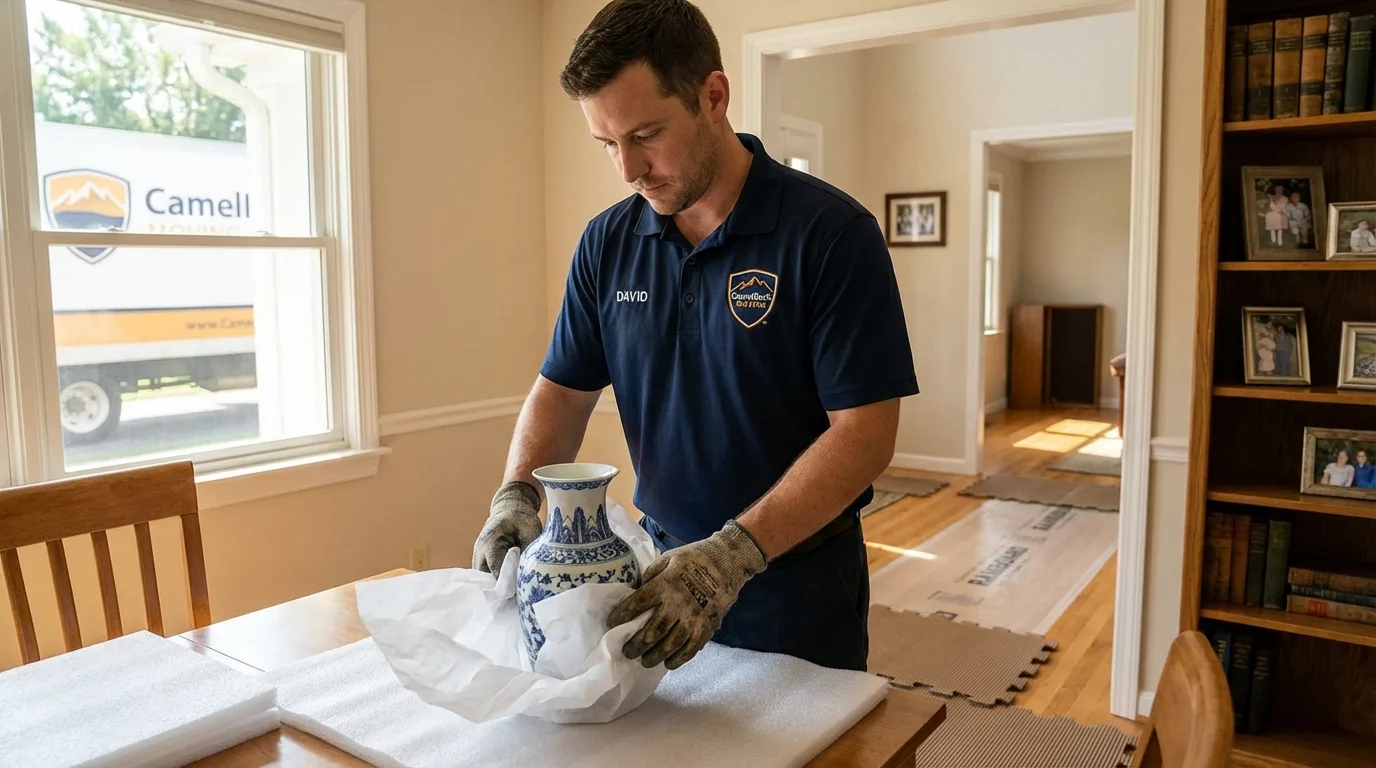 Professional crew carefully wrapping antique vase for senior downsizing move in Houghton, MI