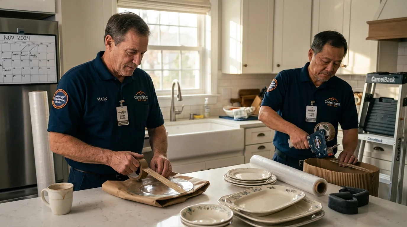 Professional crew packing kitchen dishware in Houghton, MI